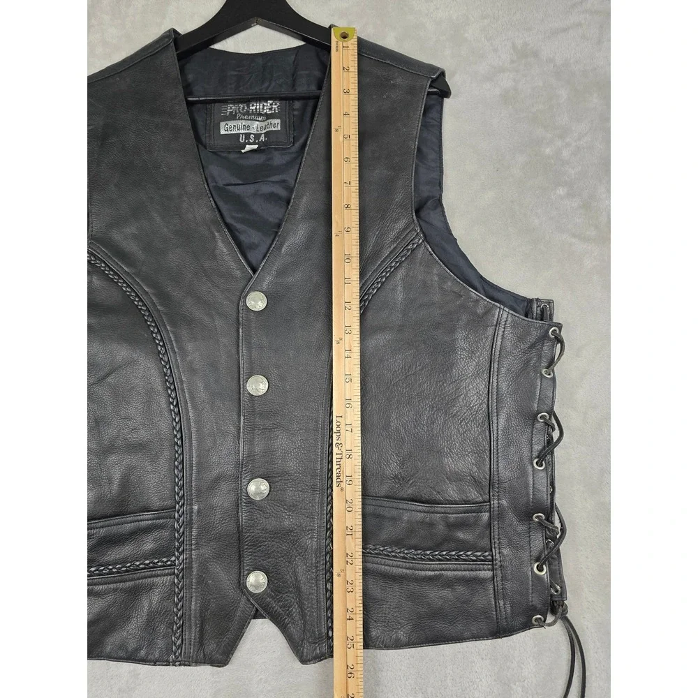 Pro-Rider Premium Leather Biker Vest Mens 50 Black Buffalo Buttons Side Lace Up